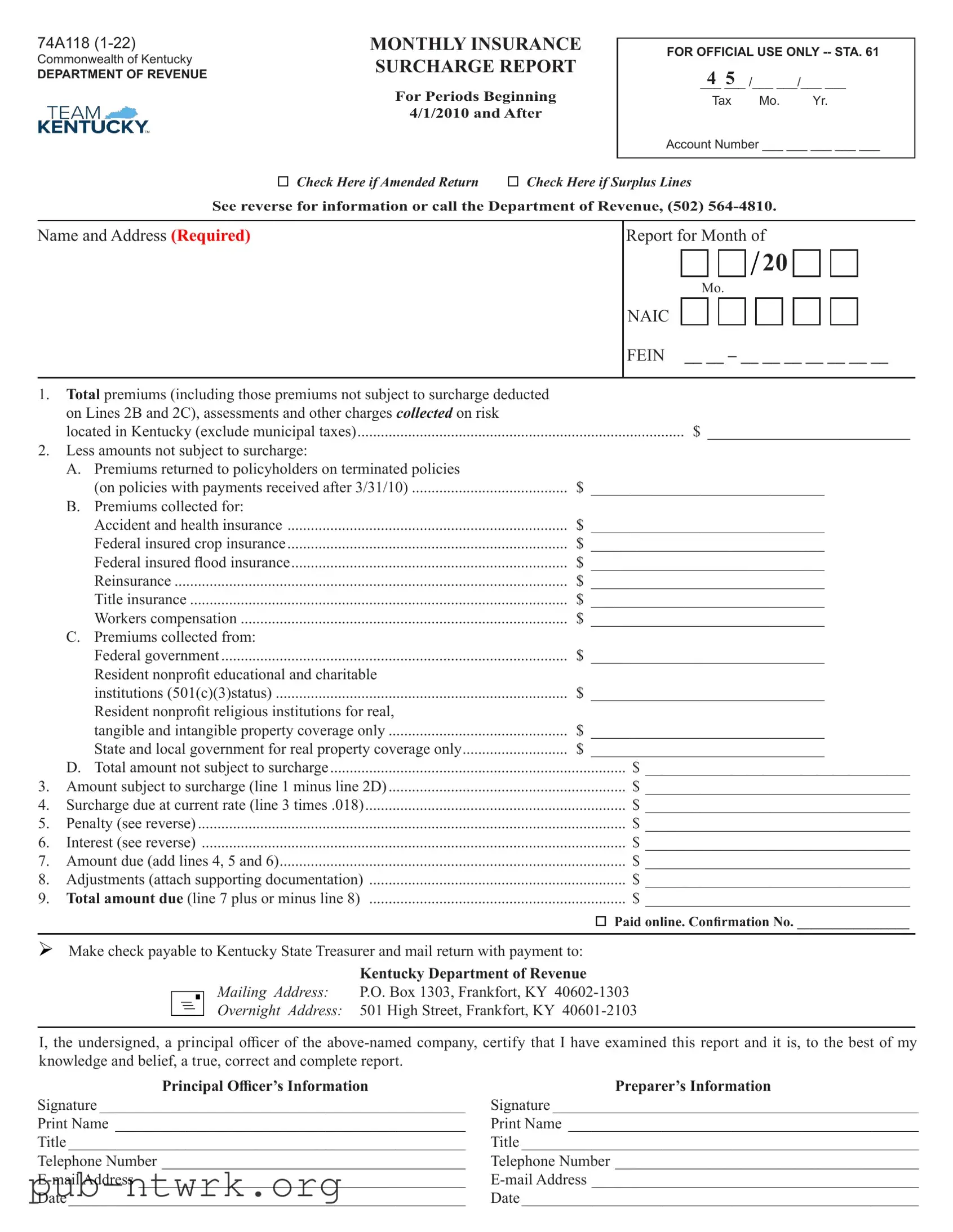 Blank Kentucky 74A118 PDF Form