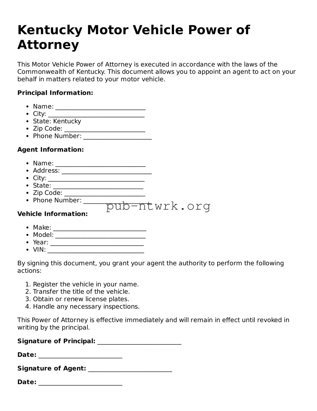 Free Kentucky Motor Vehicle Power of Attorney Form