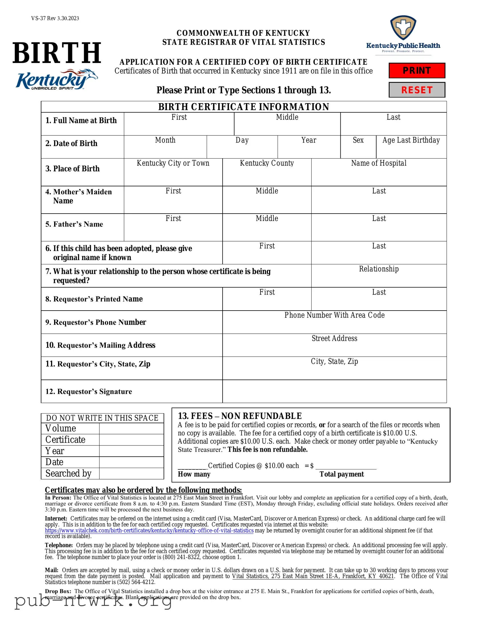 Blank Kentucky Birth Certificate PDF Form