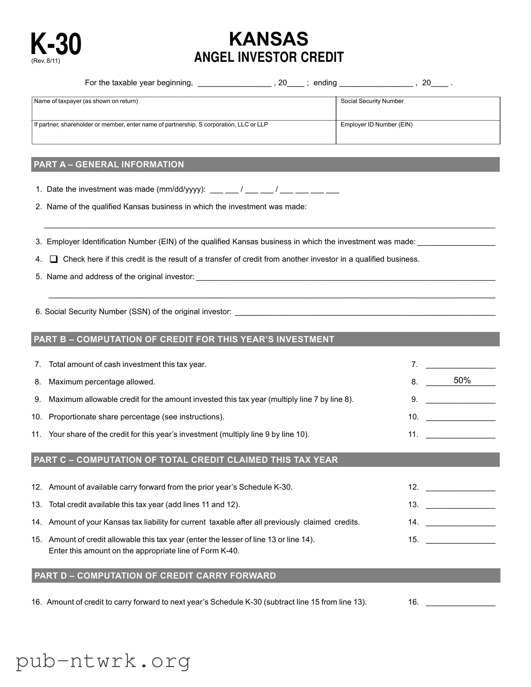 Blank Kansas K 30 PDF Form