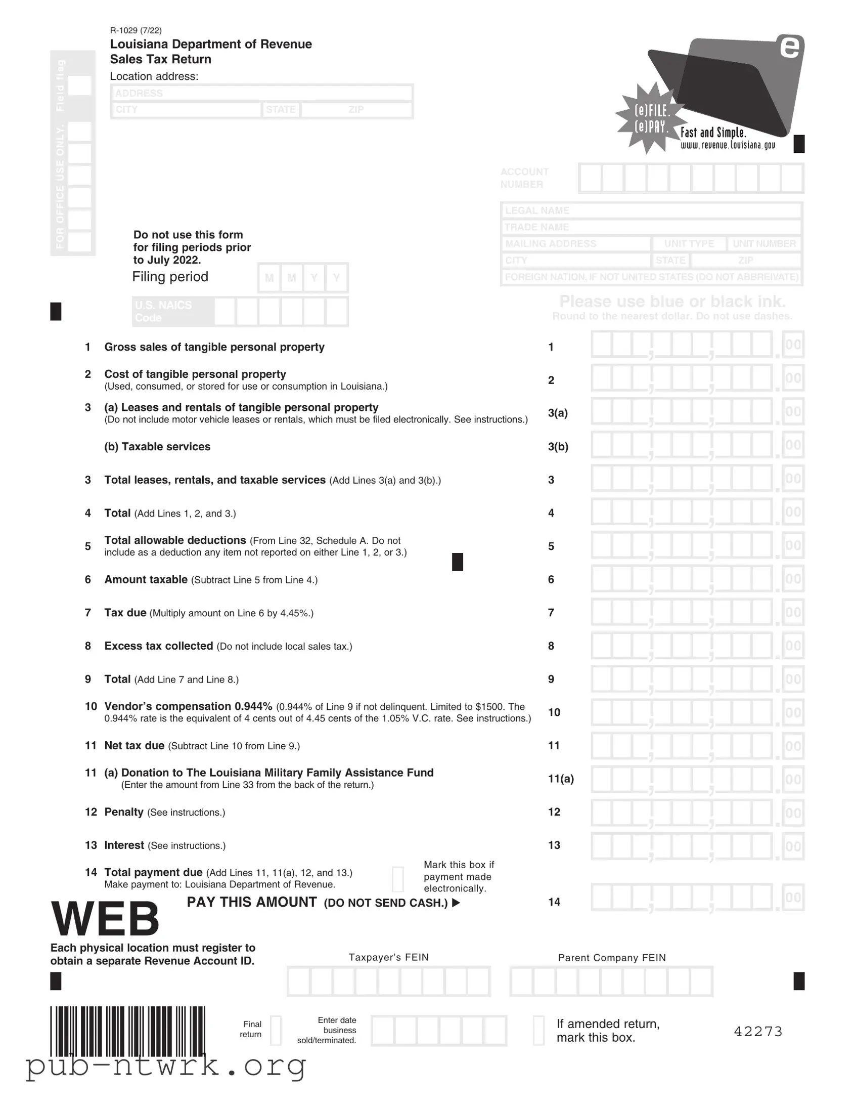 Blank Louisiana 1029 Sales PDF Form