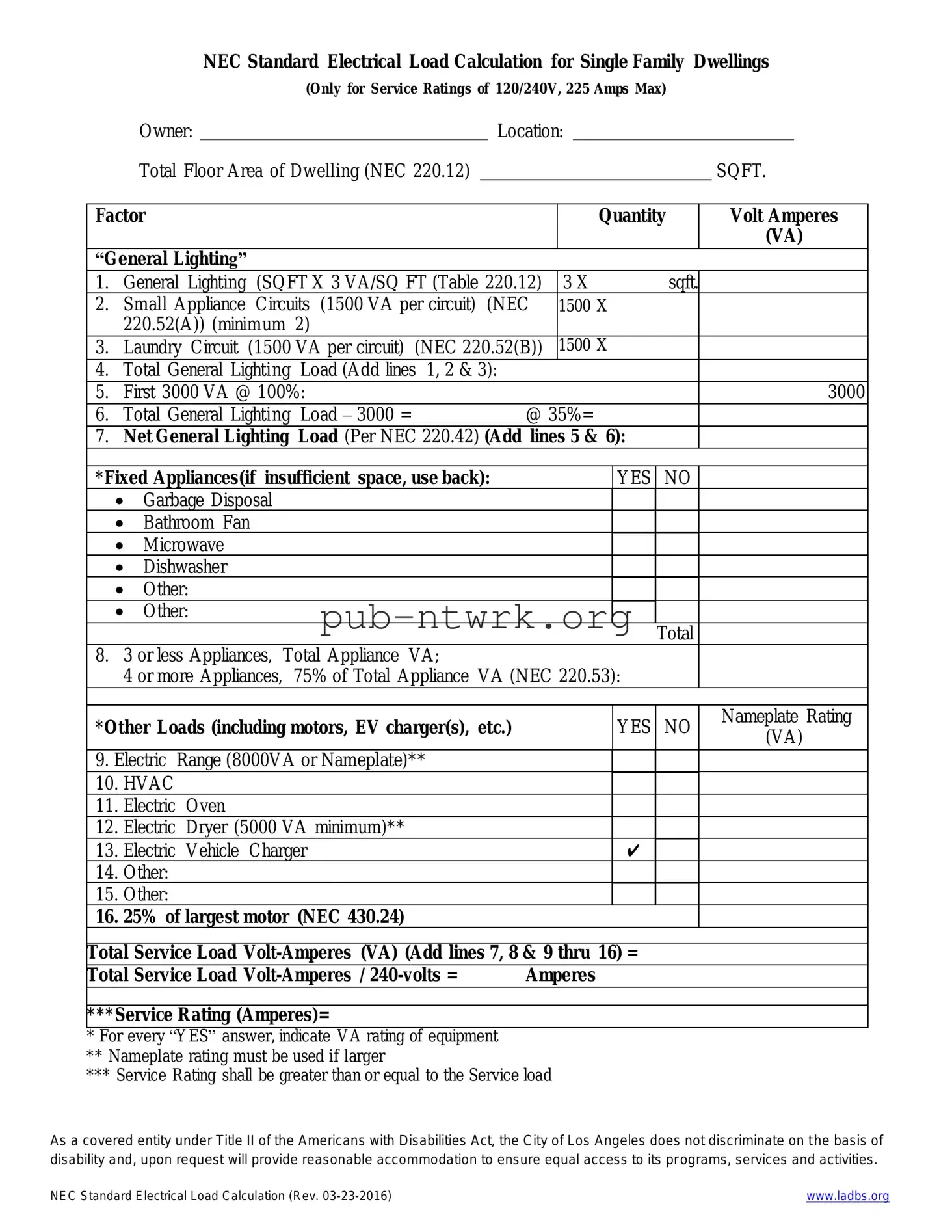 Blank LADBS NEC Standard Electrical Load Calculation PDF Form