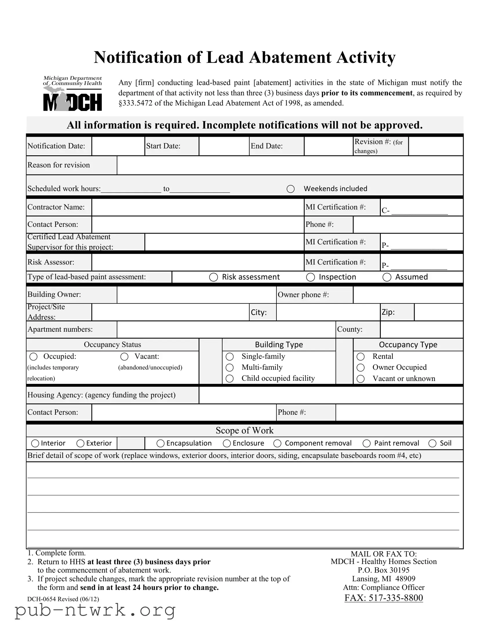 Blank Michigan Dch 0654 PDF Form