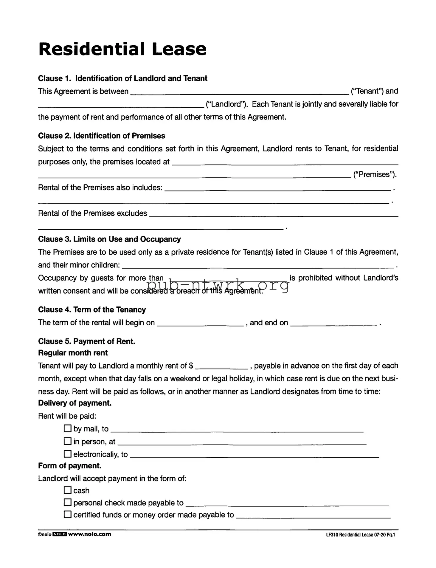 Blank Lf310 Residential Lease PDF Form