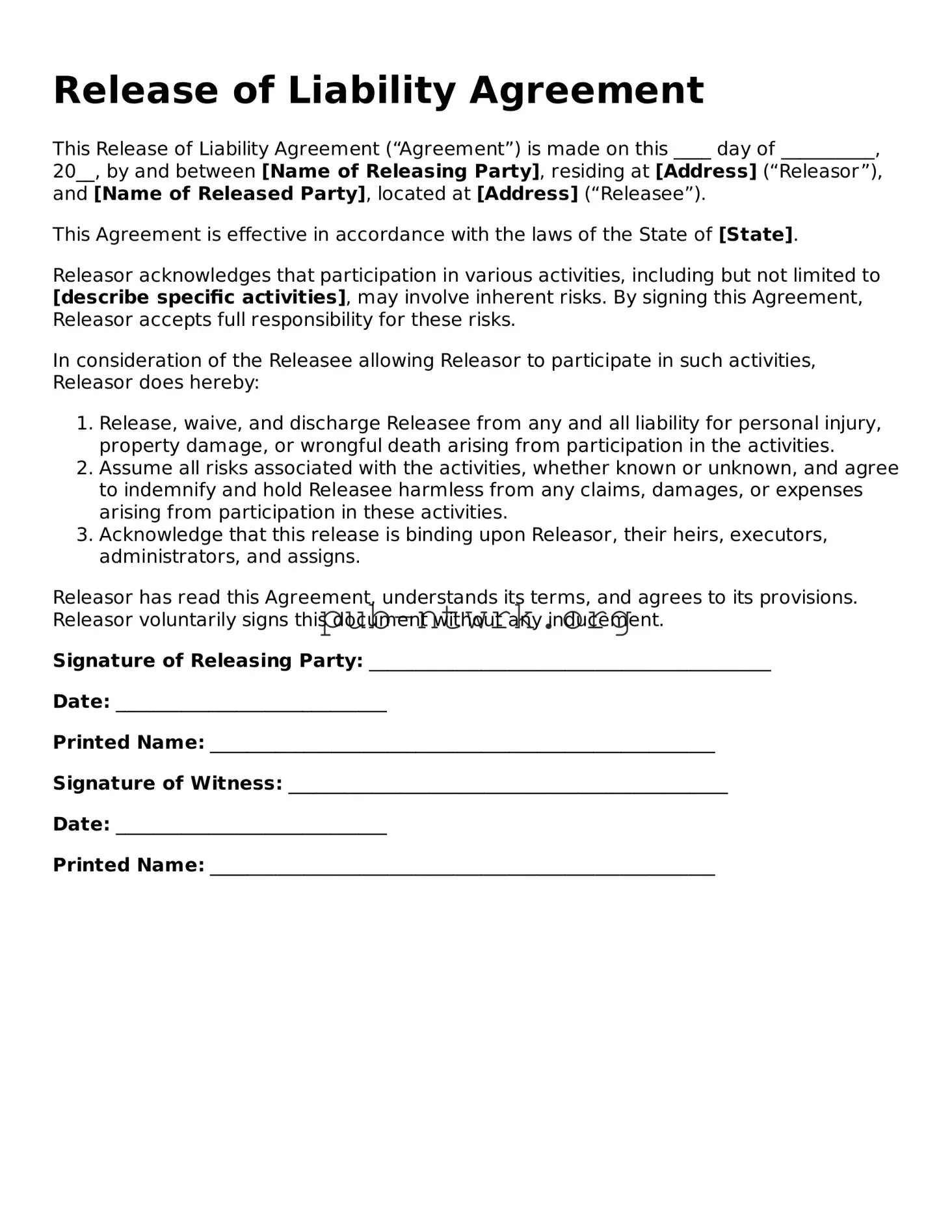 Legal Release of Liability Form