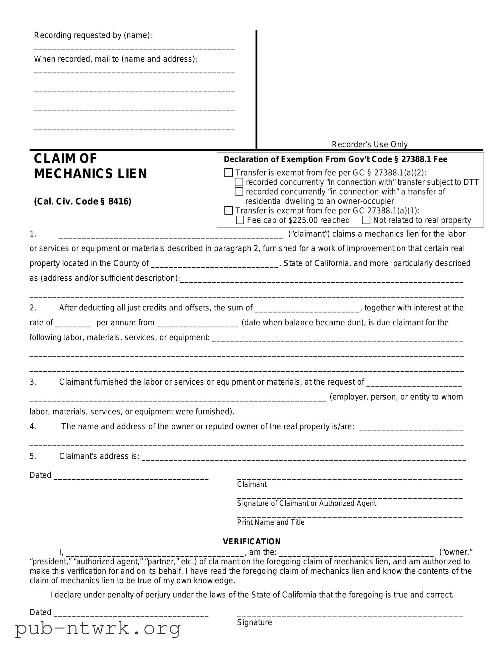 Blank Mechanics Lien California PDF Form