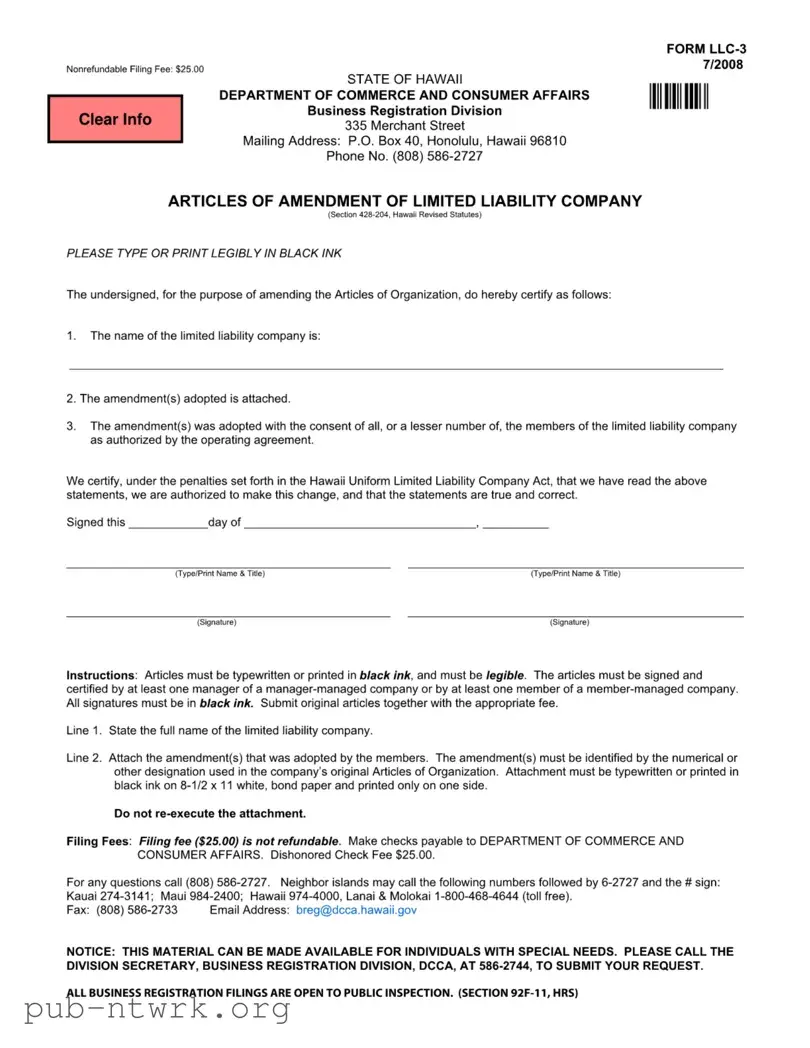 Blank Hawaii Llc 3 PDF Form