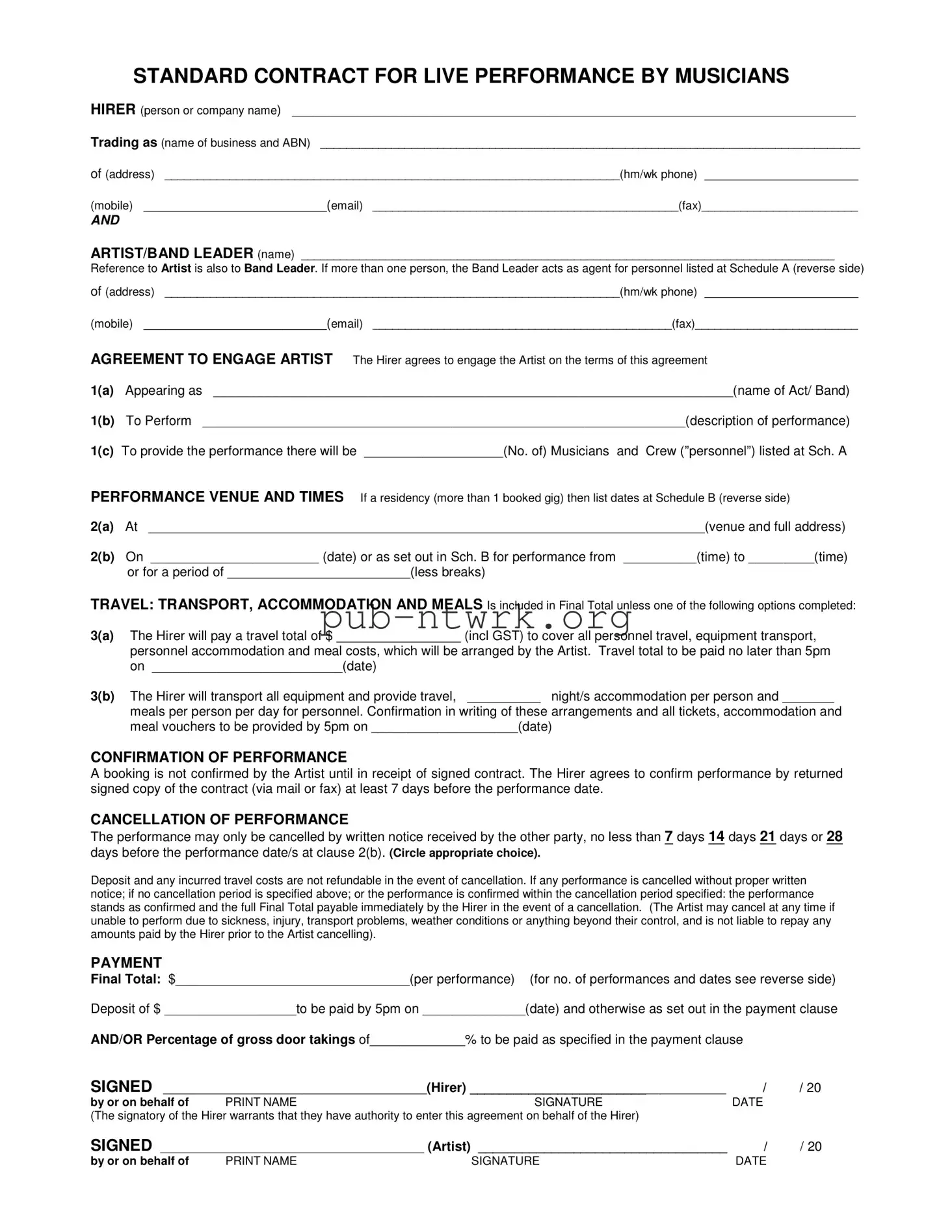 Blank Live Performance Contract PDF Form