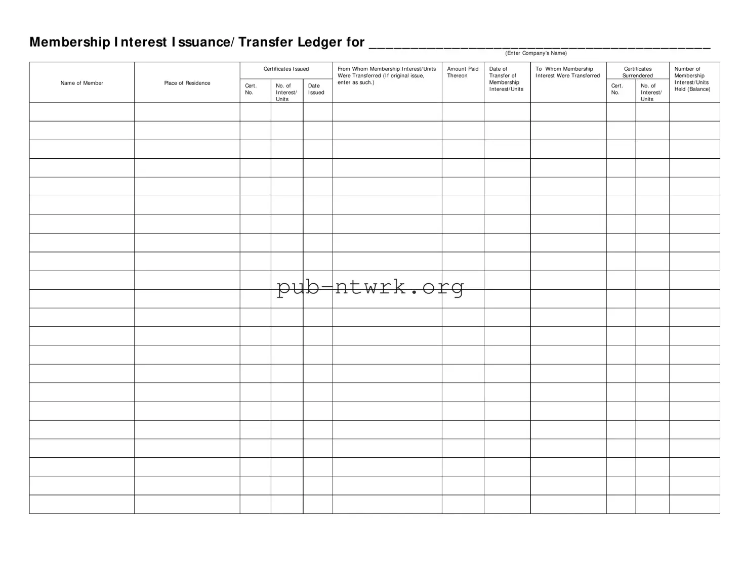 Blank Membership Ledger PDF Form