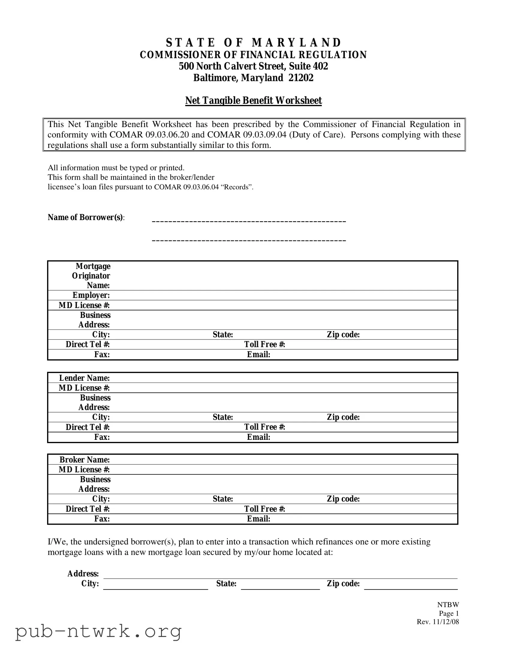 Blank Maryland Ntbw PDF Form