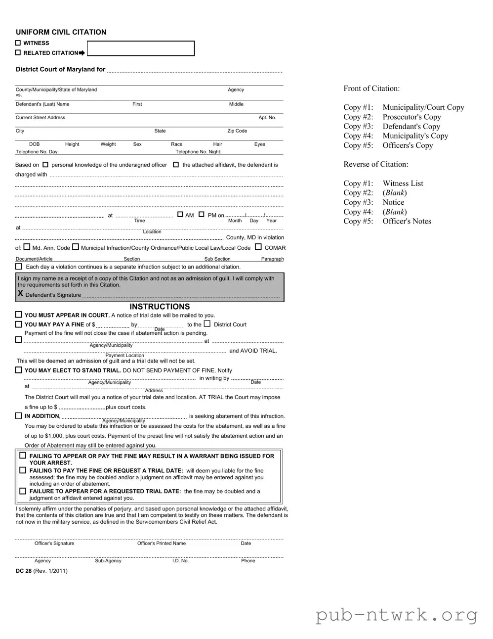 Blank Were Is The Citation Number On A Maryland Civil Citation PDF Form
