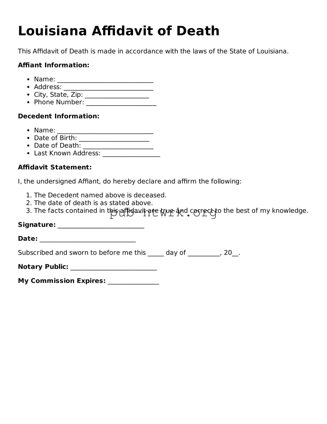 Free Louisiana Affidavit of Death Form
