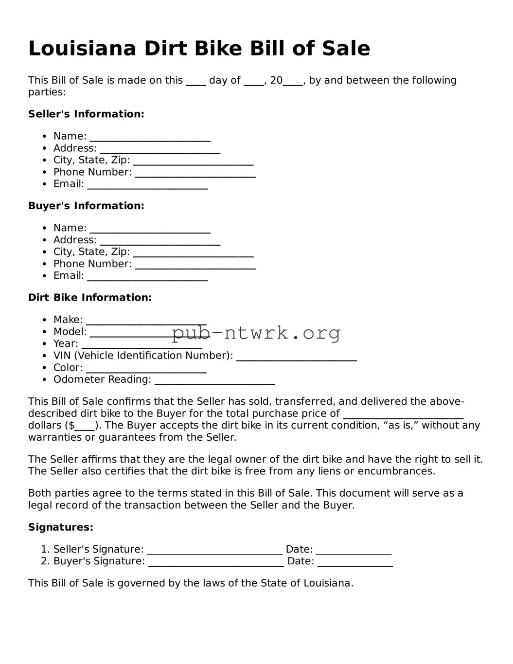 Free Louisiana Dirt Bike Bill of Sale Form