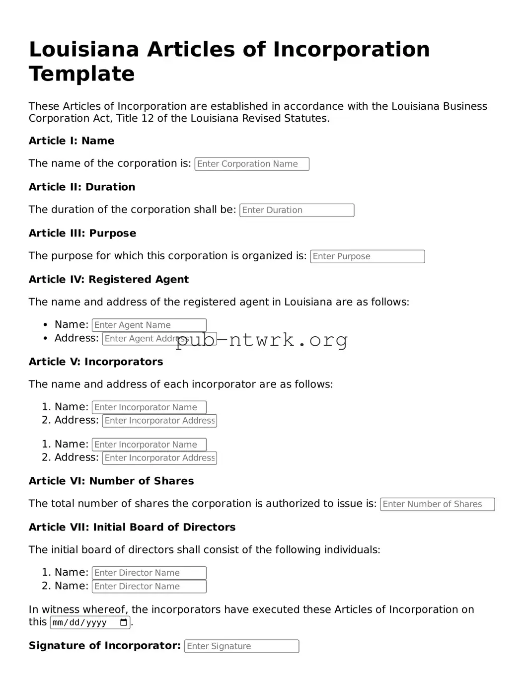 Free Louisiana Articles of Incorporation Form
