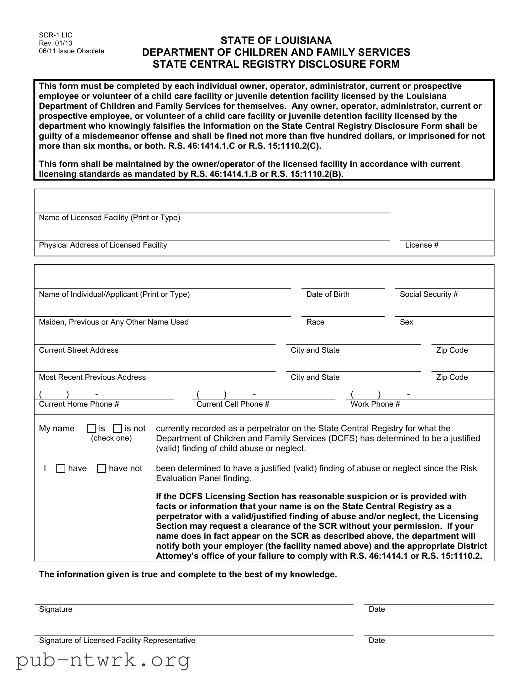 Blank Louisiana Central Registry PDF Form