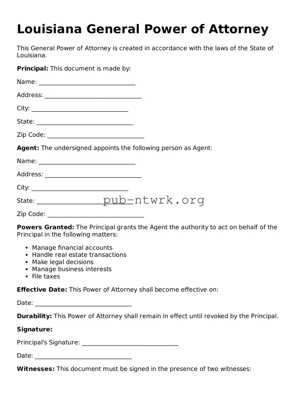 Free Louisiana General Power of Attorney Form