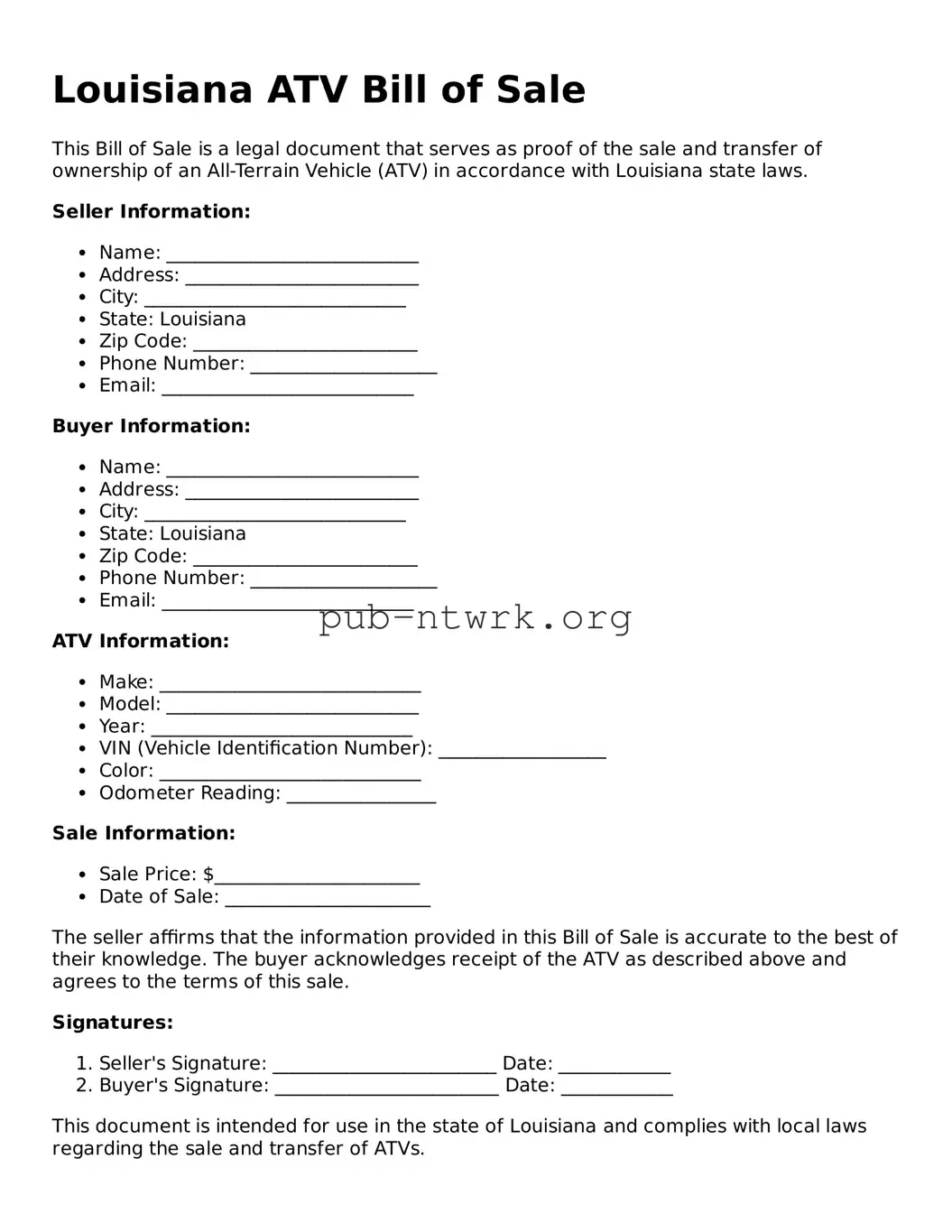 Free Louisiana ATV Bill of Sale Form