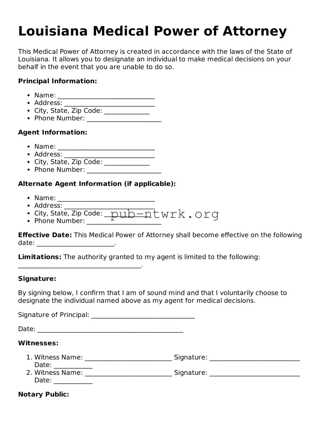Free Louisiana Medical Power of Attorney Form