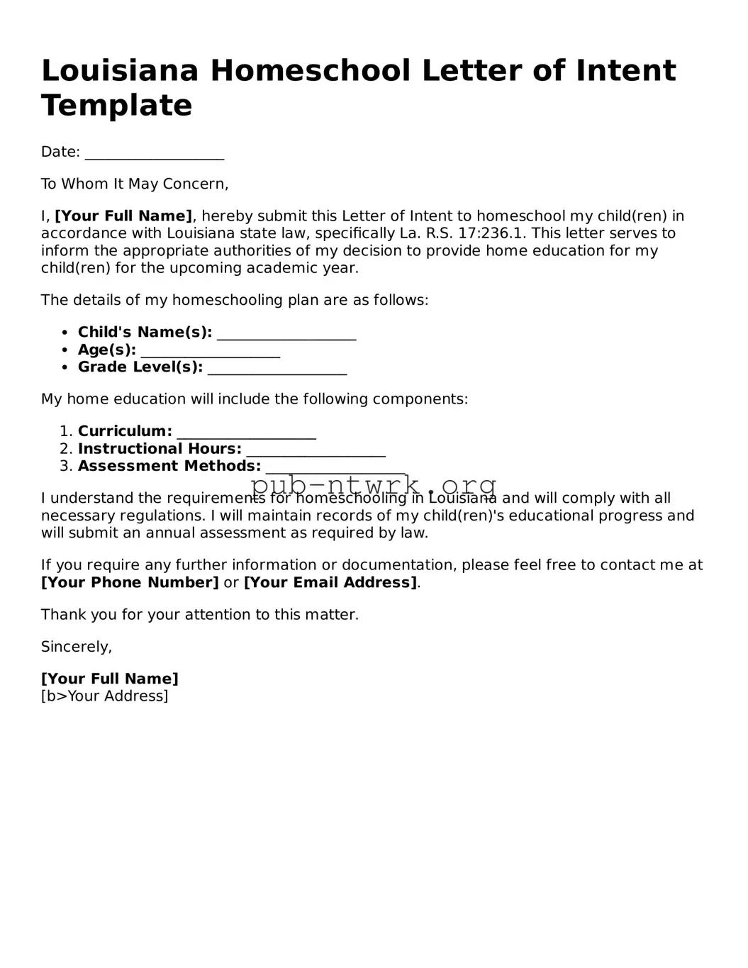 Free Louisiana Homeschool Letter of Intent Form