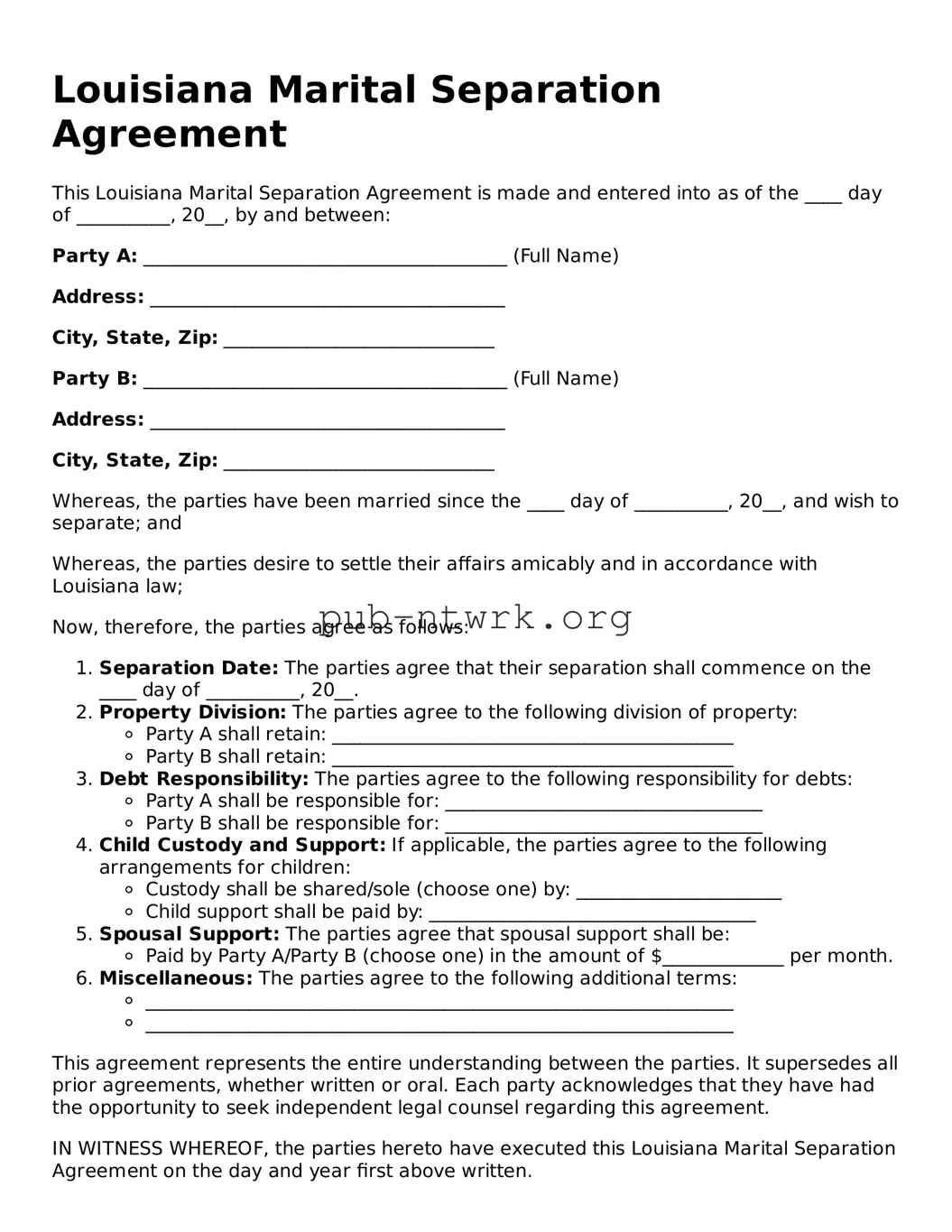 Free Louisiana Marital Separation Agreement Form