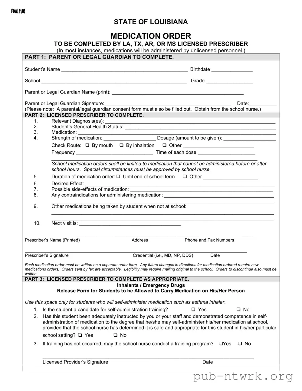 Blank State Of Louisiana Medication Order PDF Form