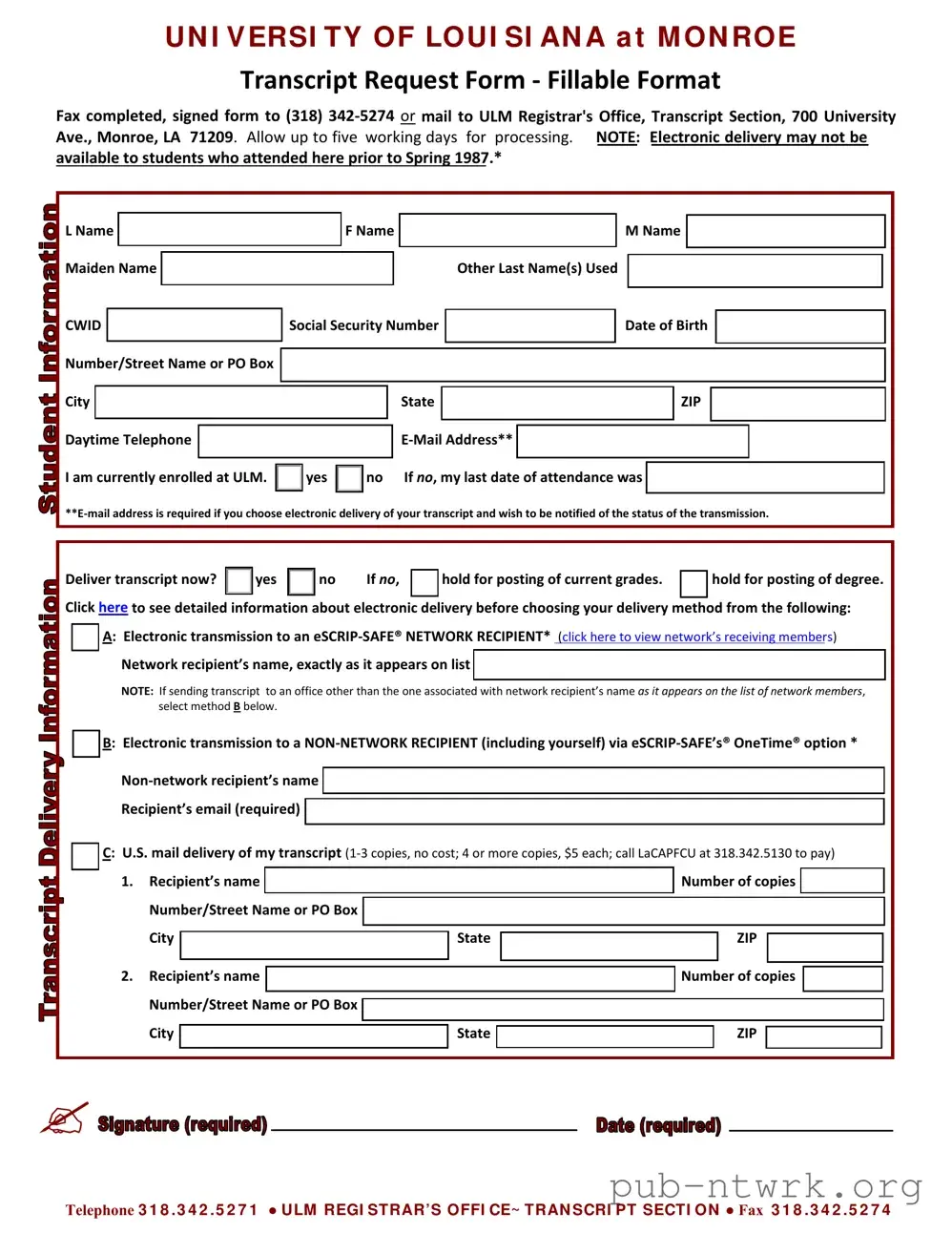Blank University Louisiana Transcript PDF Form