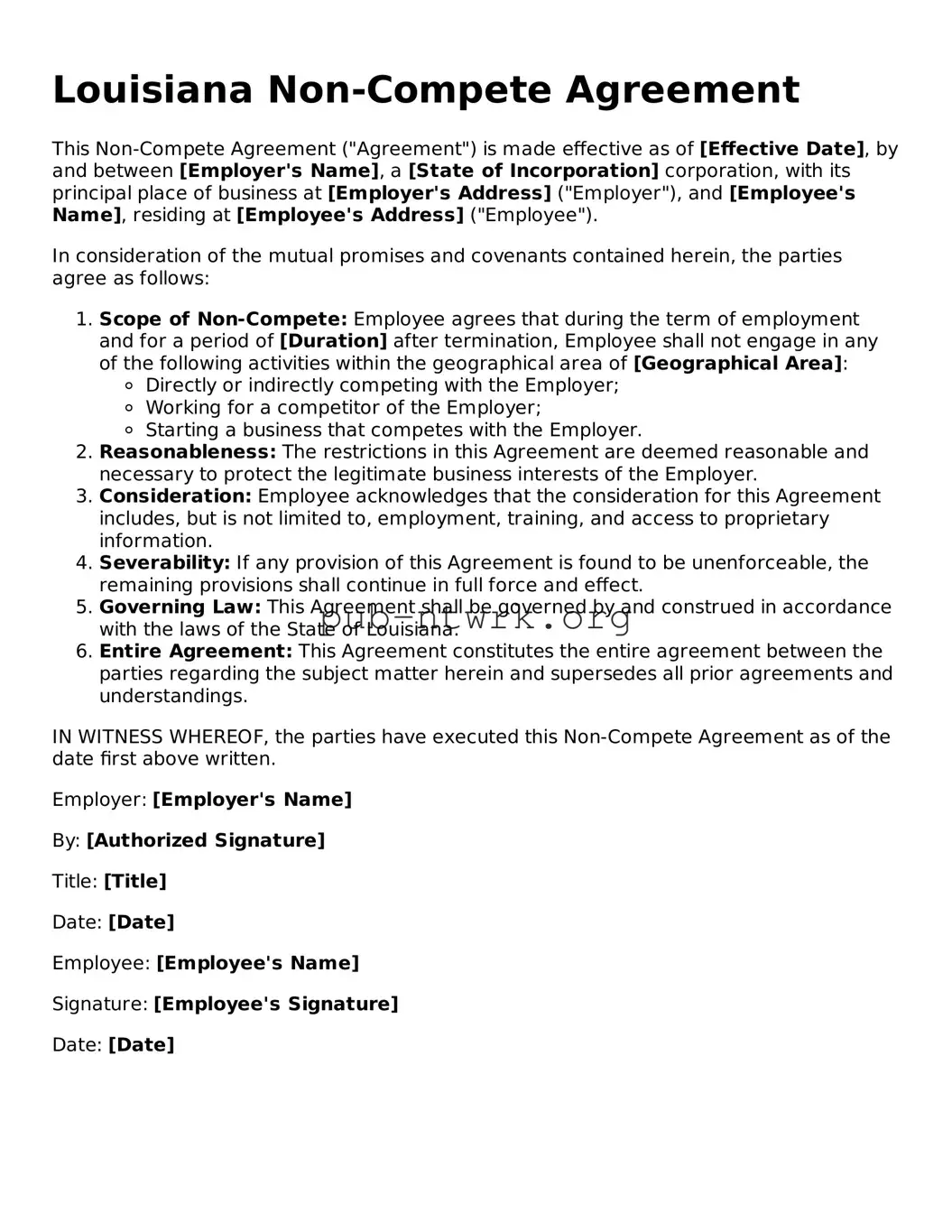 Free Louisiana Non-compete Agreement Form