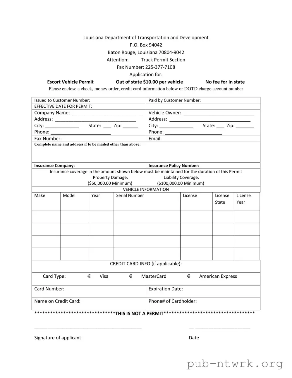 Blank Permit Louisiana Pilot Car PDF Form