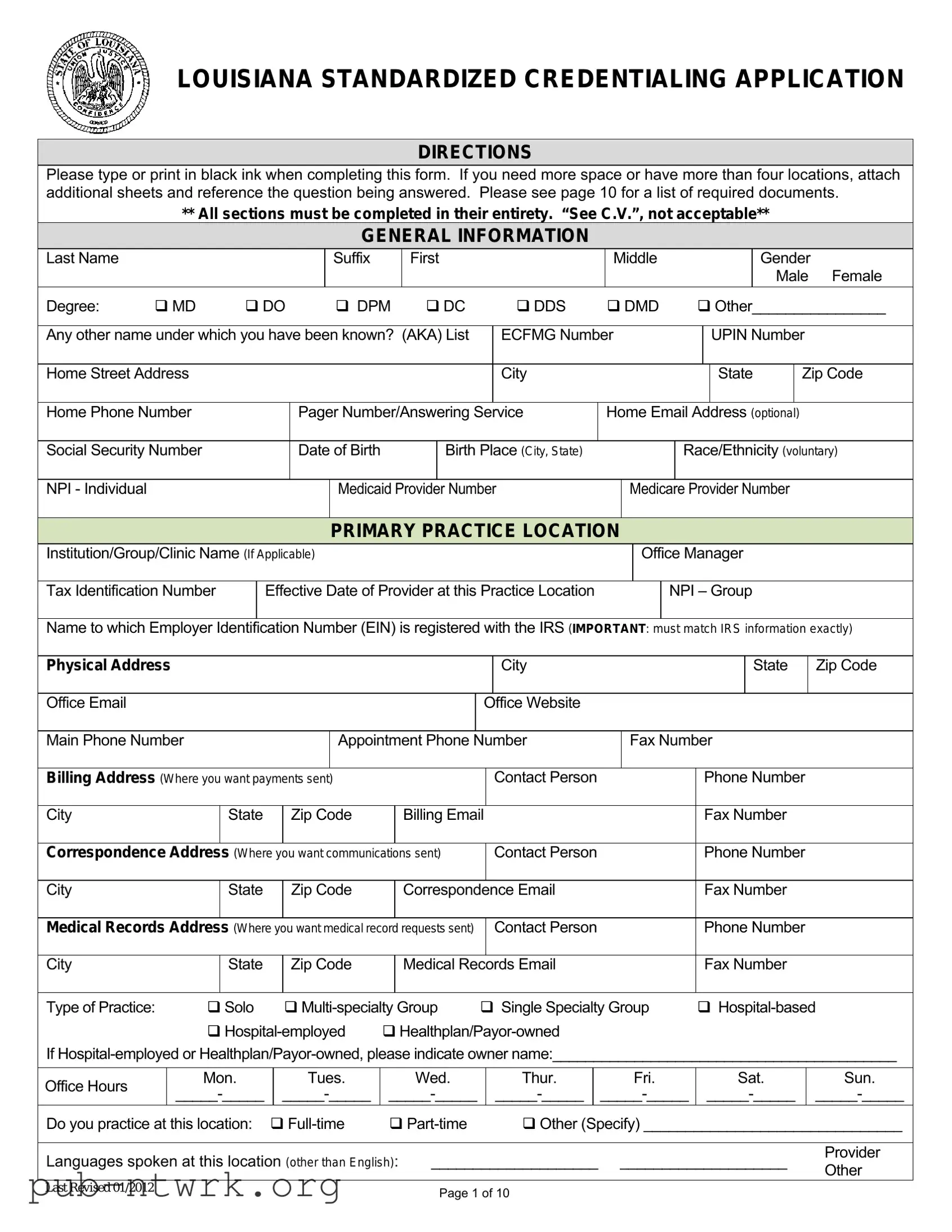 Blank Louisiana Credentialing Application PDF Form