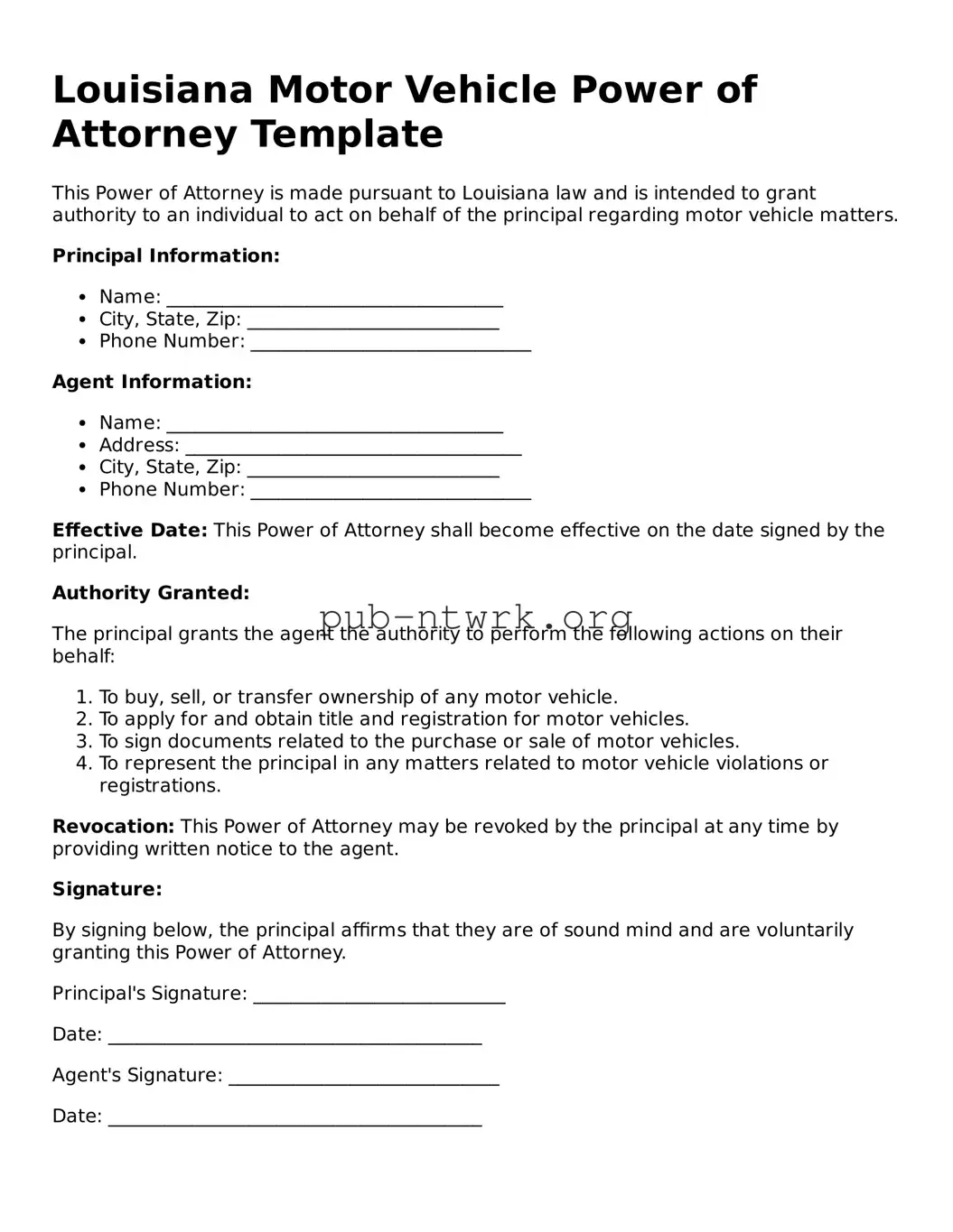 Free Louisiana Motor Vehicle Power of Attorney Form