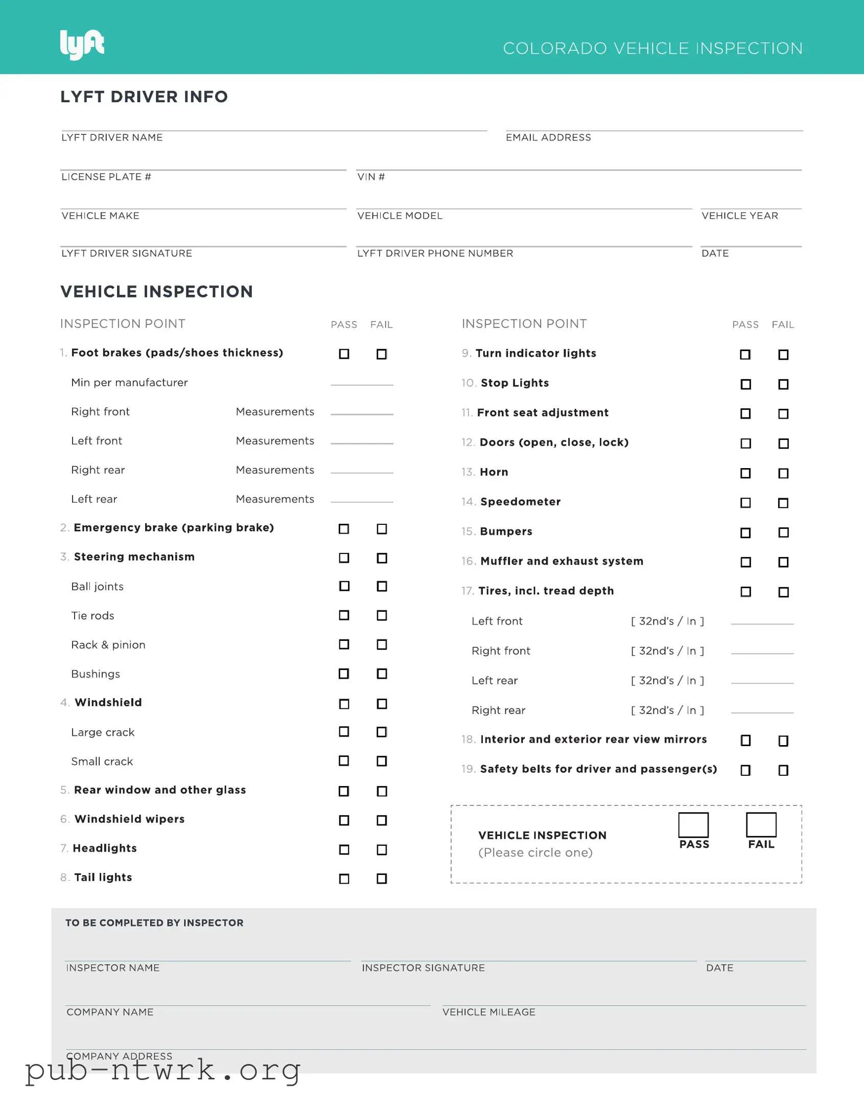 Blank Lyft Inspection PDF Form