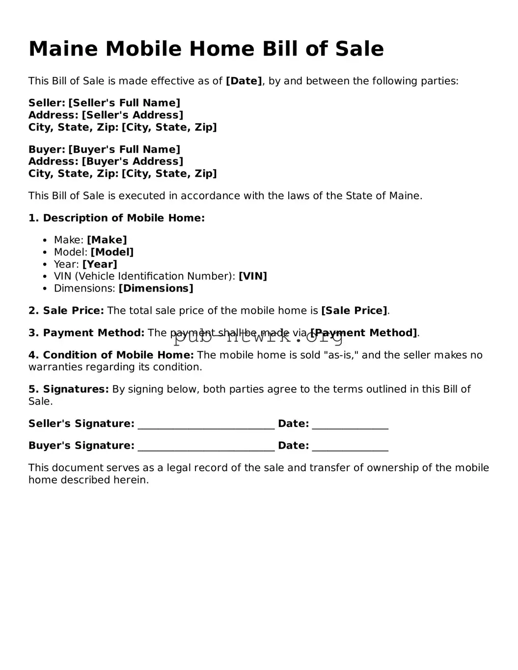 Free Maine Mobile Home Bill of Sale Form