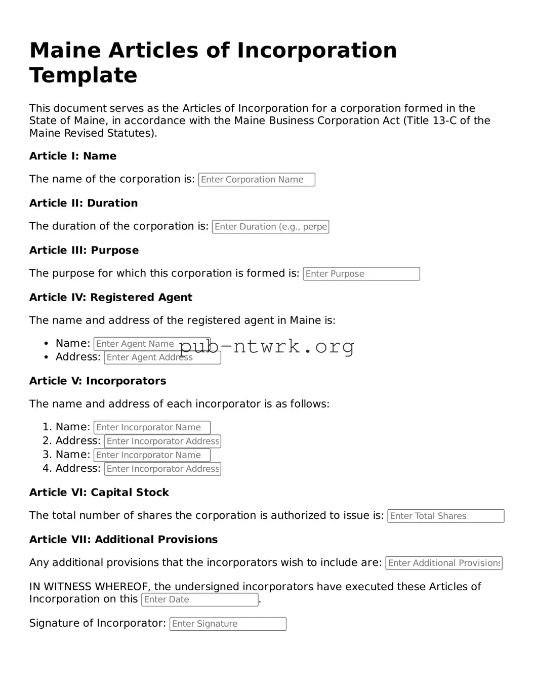 Free Maine Articles of Incorporation Form