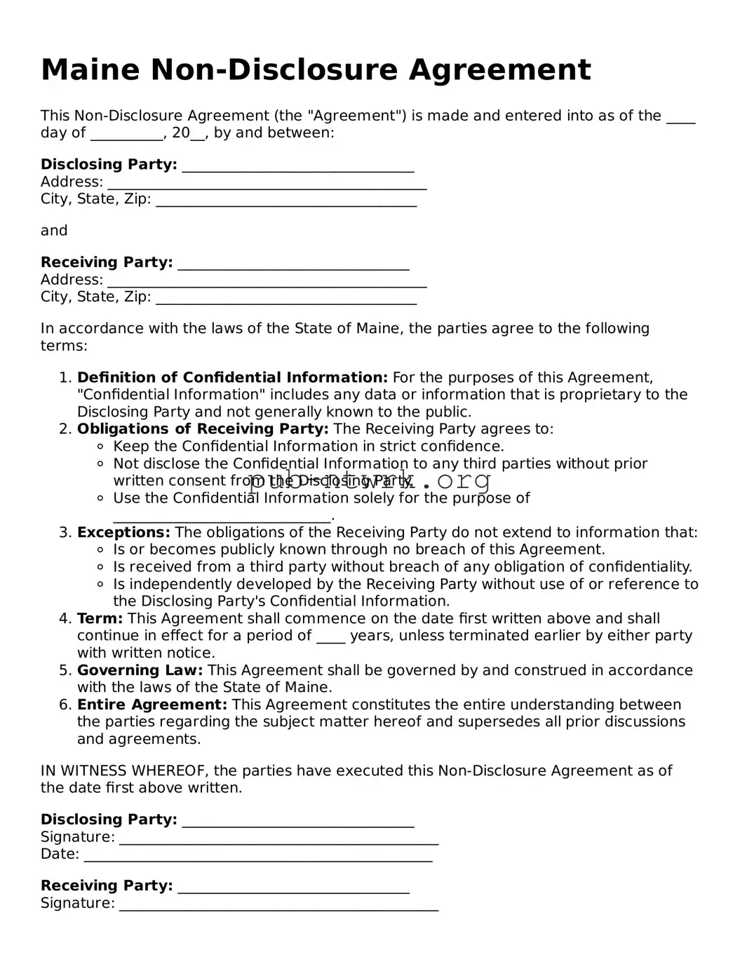 Free Maine Non-disclosure Agreement Form