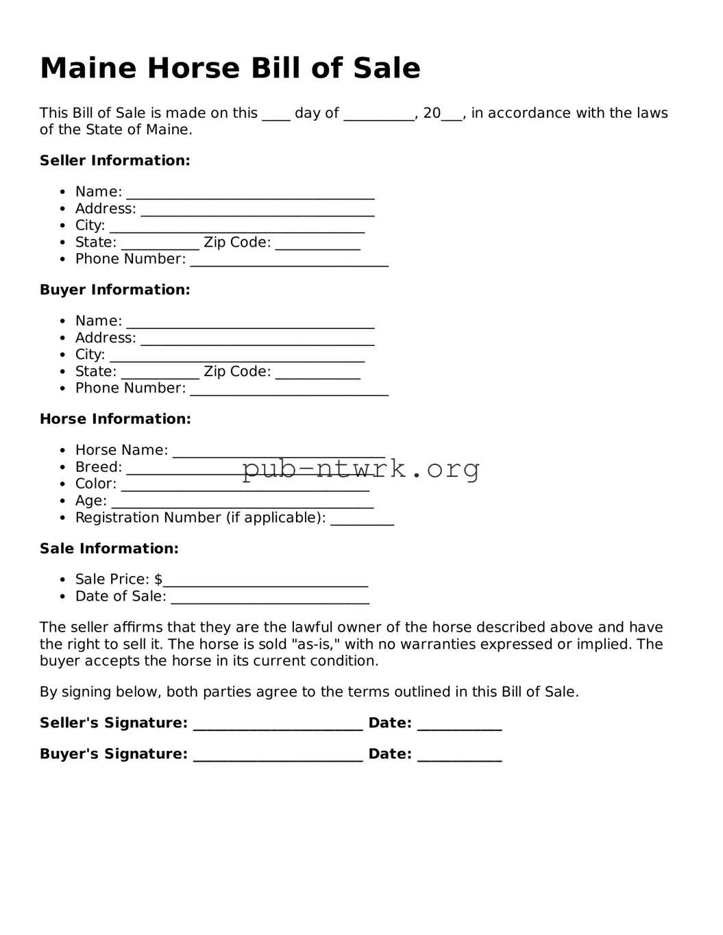 Free Maine Horse Bill of Sale Form