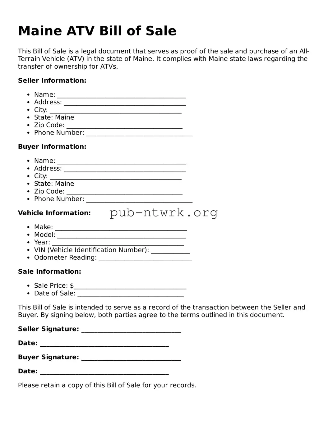 Free Maine ATV Bill of Sale Form