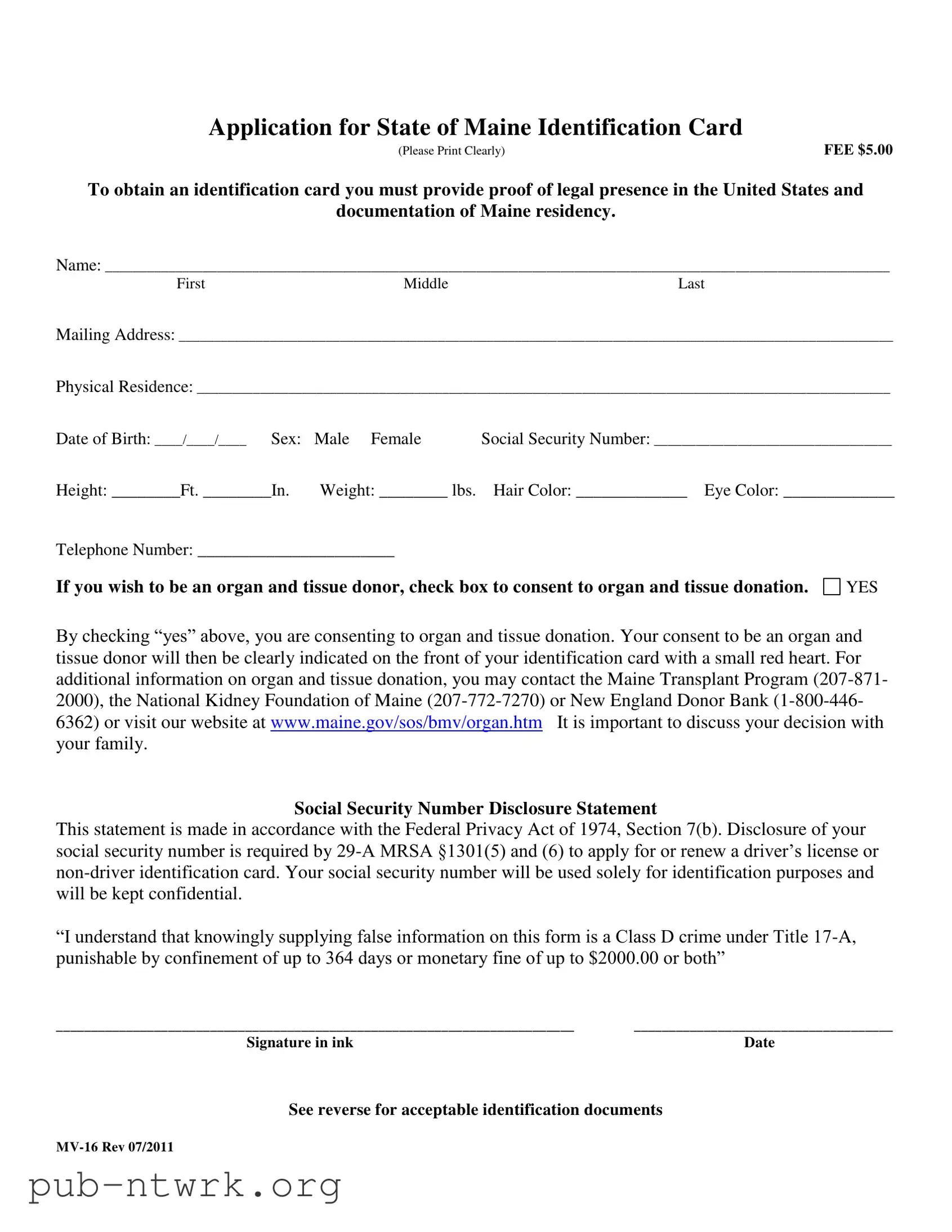 Blank Maine Mv 16 PDF Form