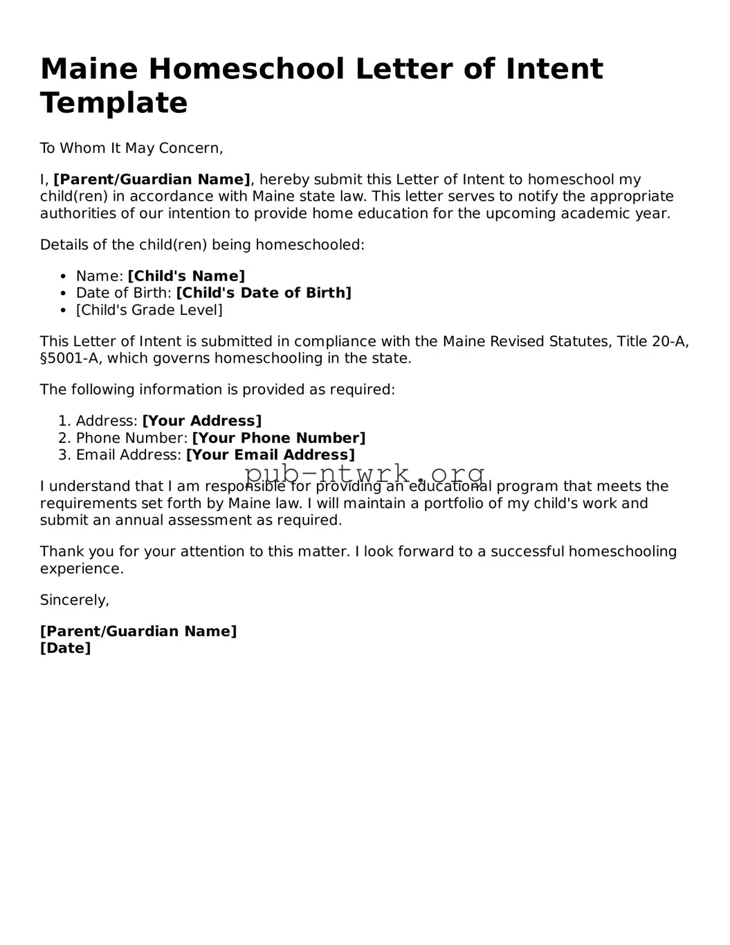 Free Maine Homeschool Letter of Intent Form
