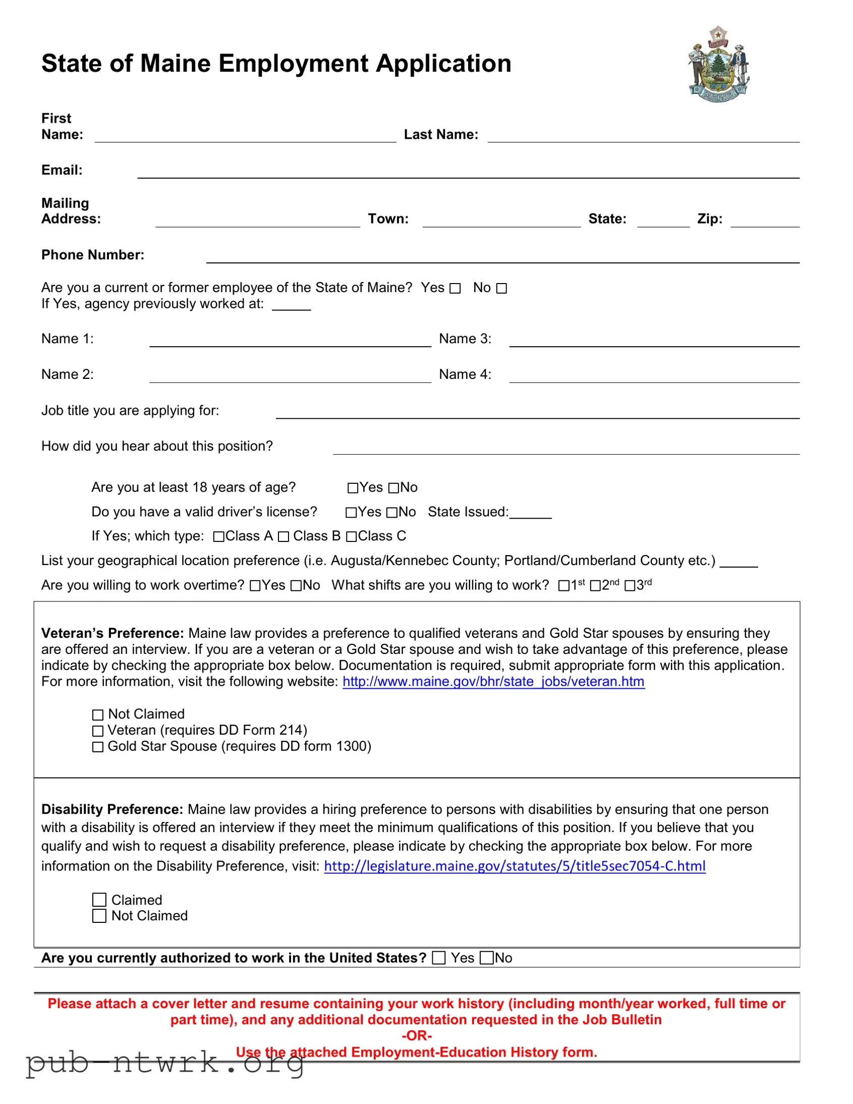 Blank Maine Employment Application PDF Form