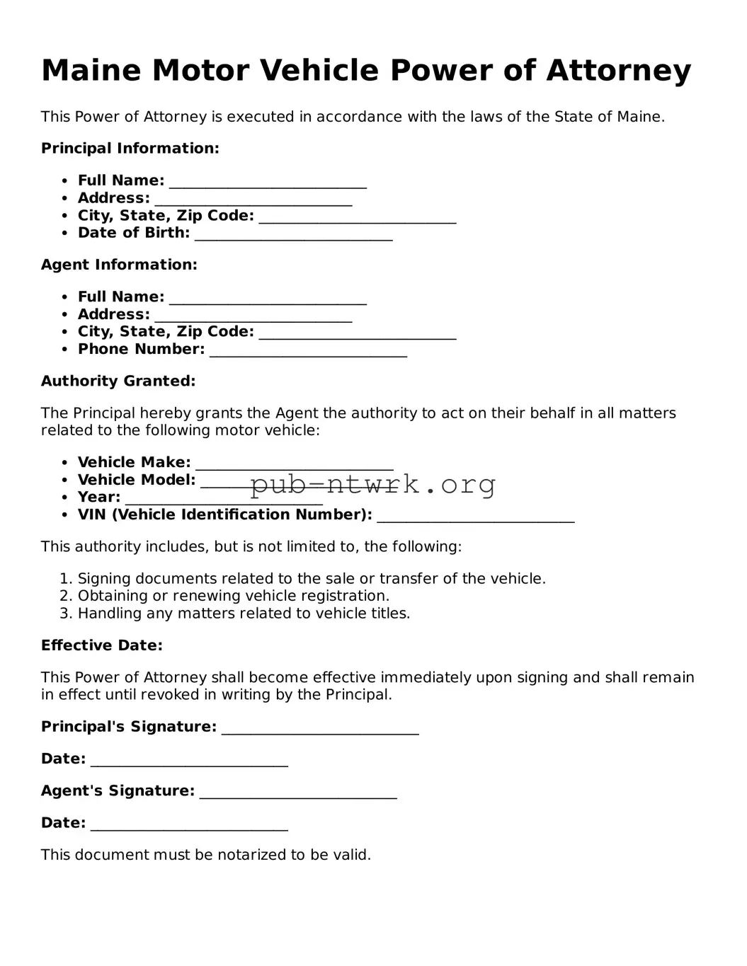 Free Maine Motor Vehicle Power of Attorney Form