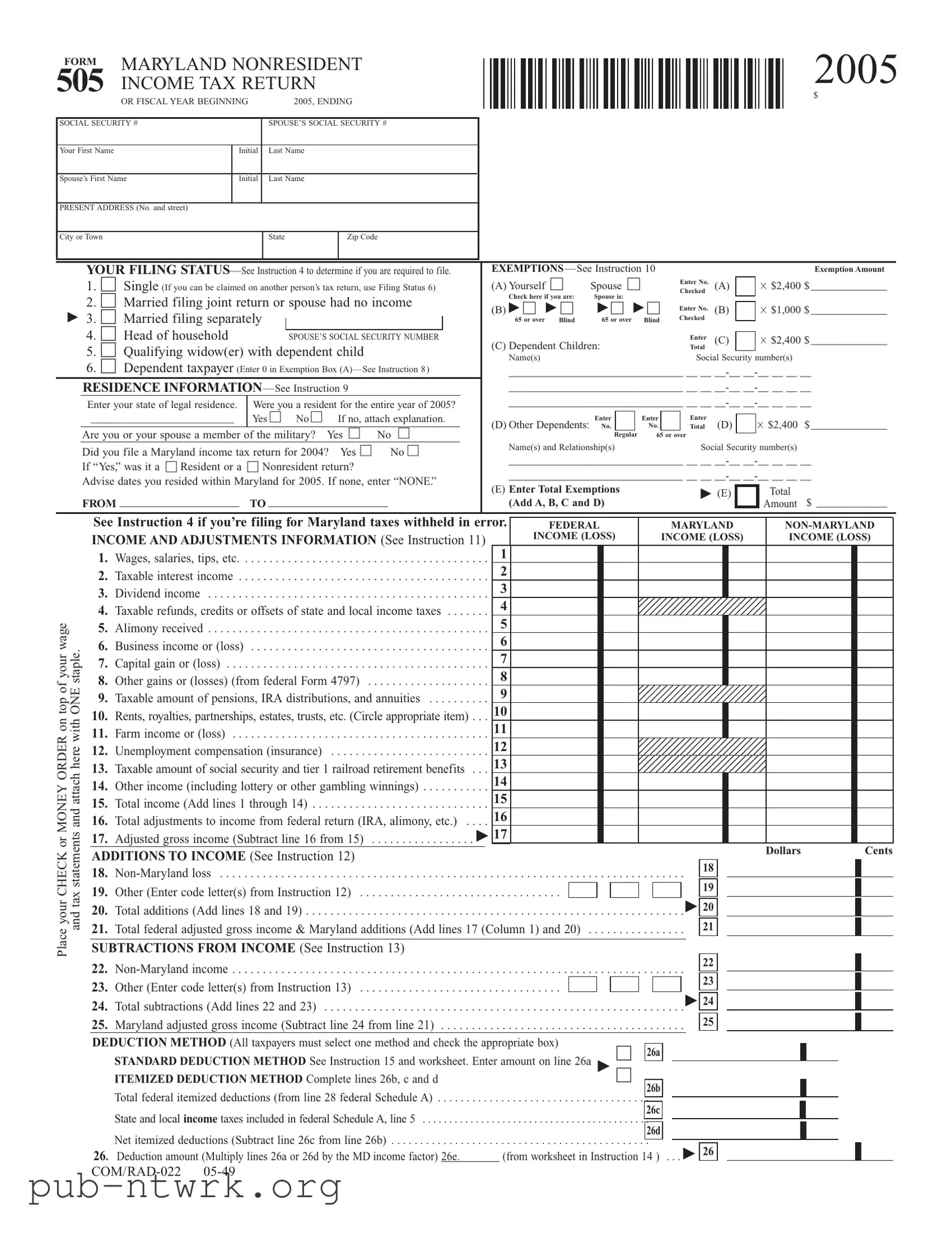 Blank Maryland 505 PDF Form