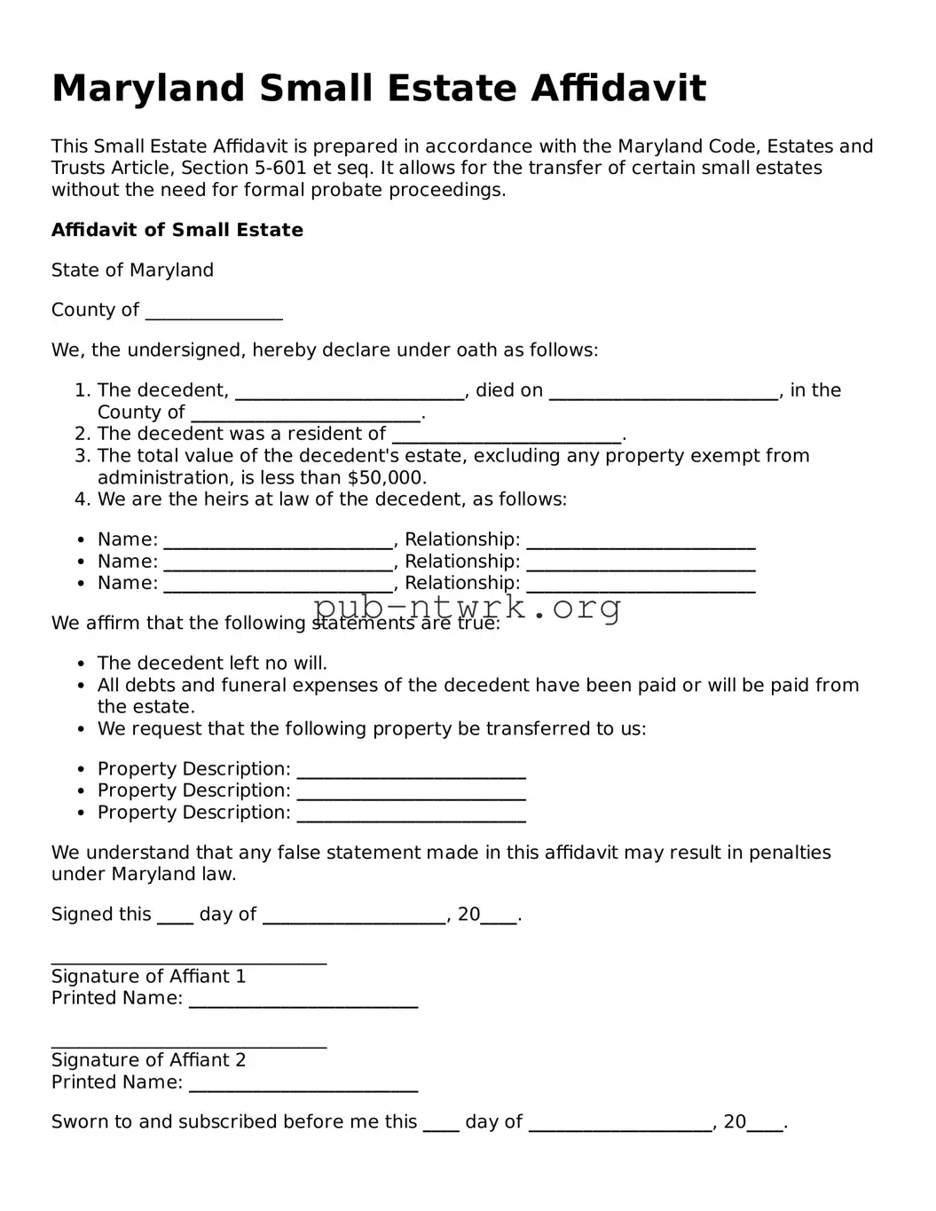 Free Maryland Small Estate Affidavit Form