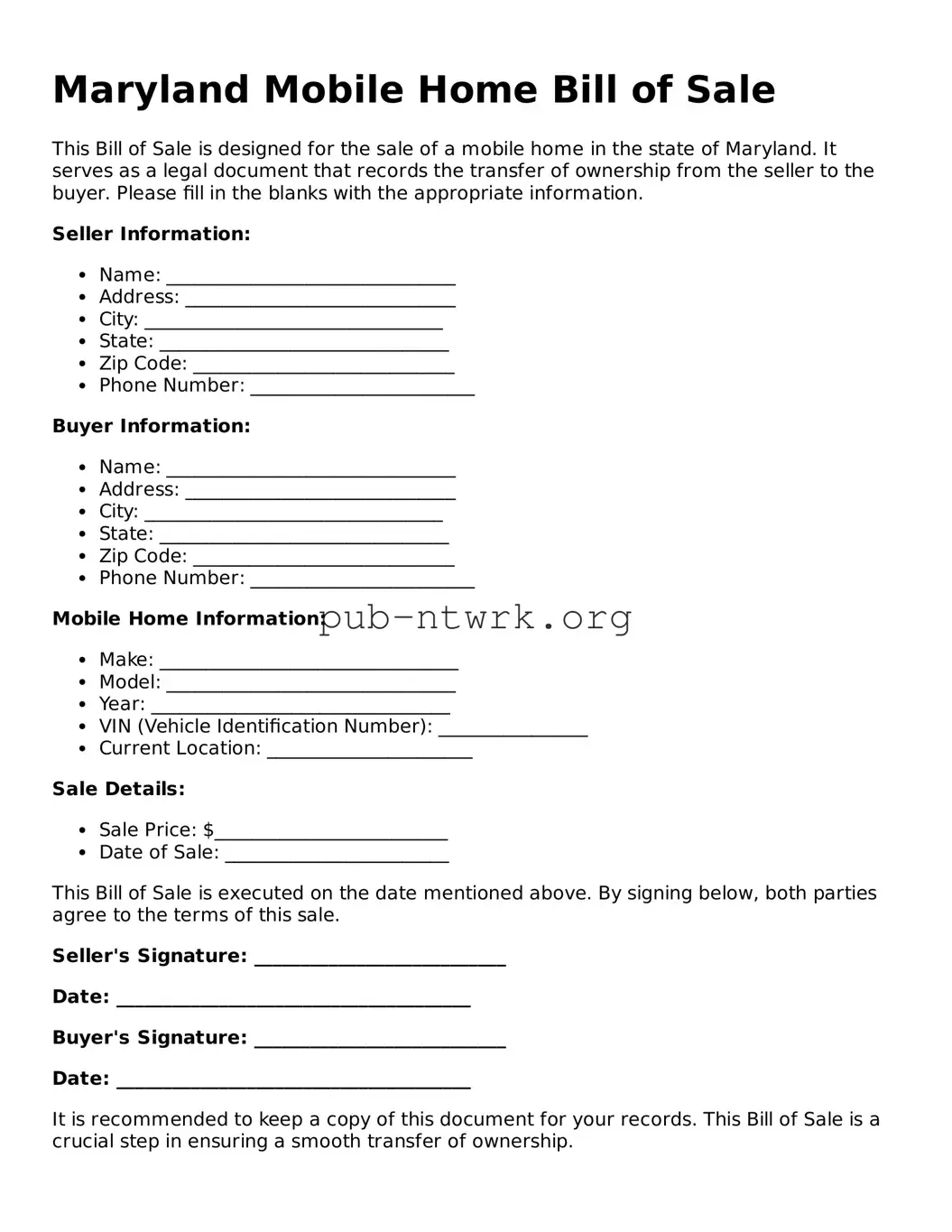 Free Maryland Mobile Home Bill of Sale Form
