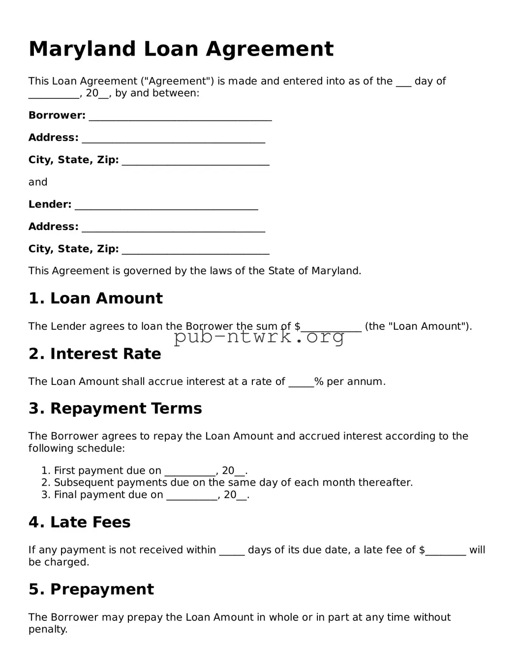 Free Maryland Loan Agreement Form