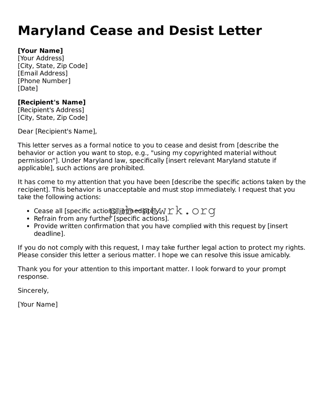Free Maryland Cease and Desist Letter Form