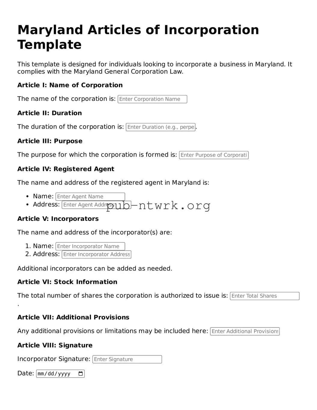 Free Maryland Articles of Incorporation Form