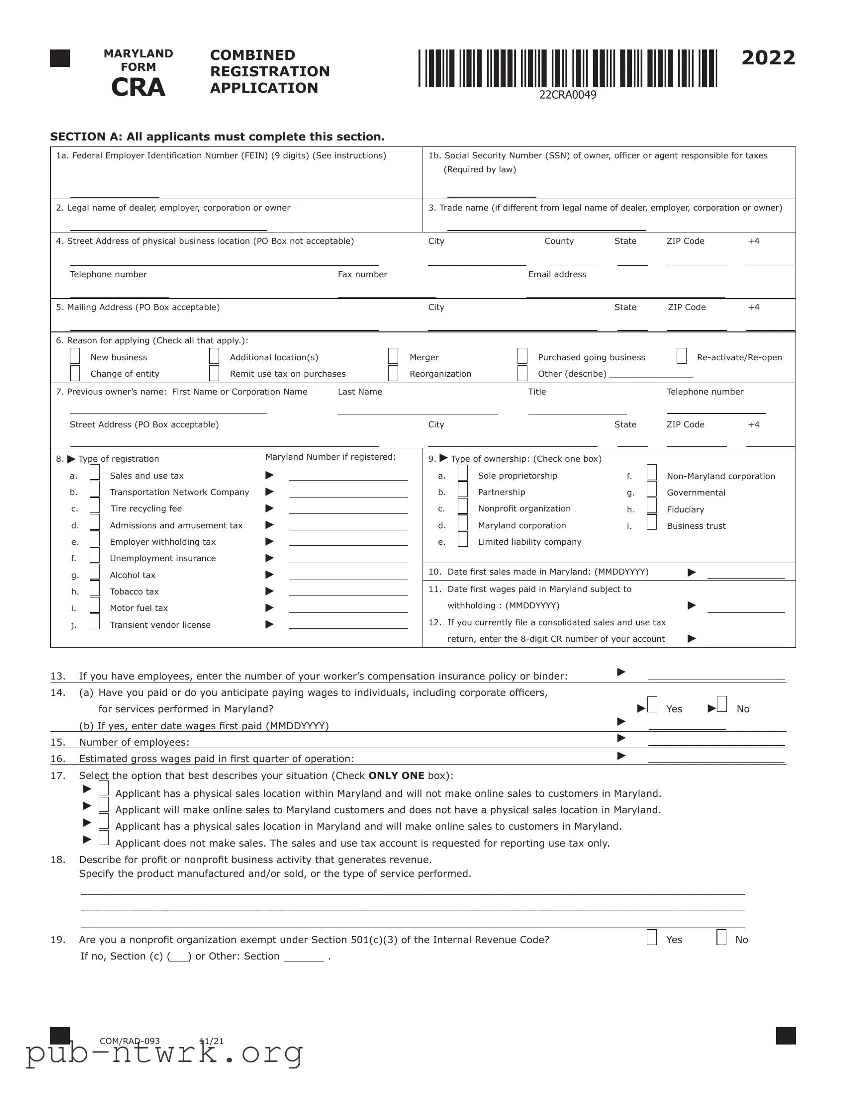 Blank Maryland Cra PDF Form