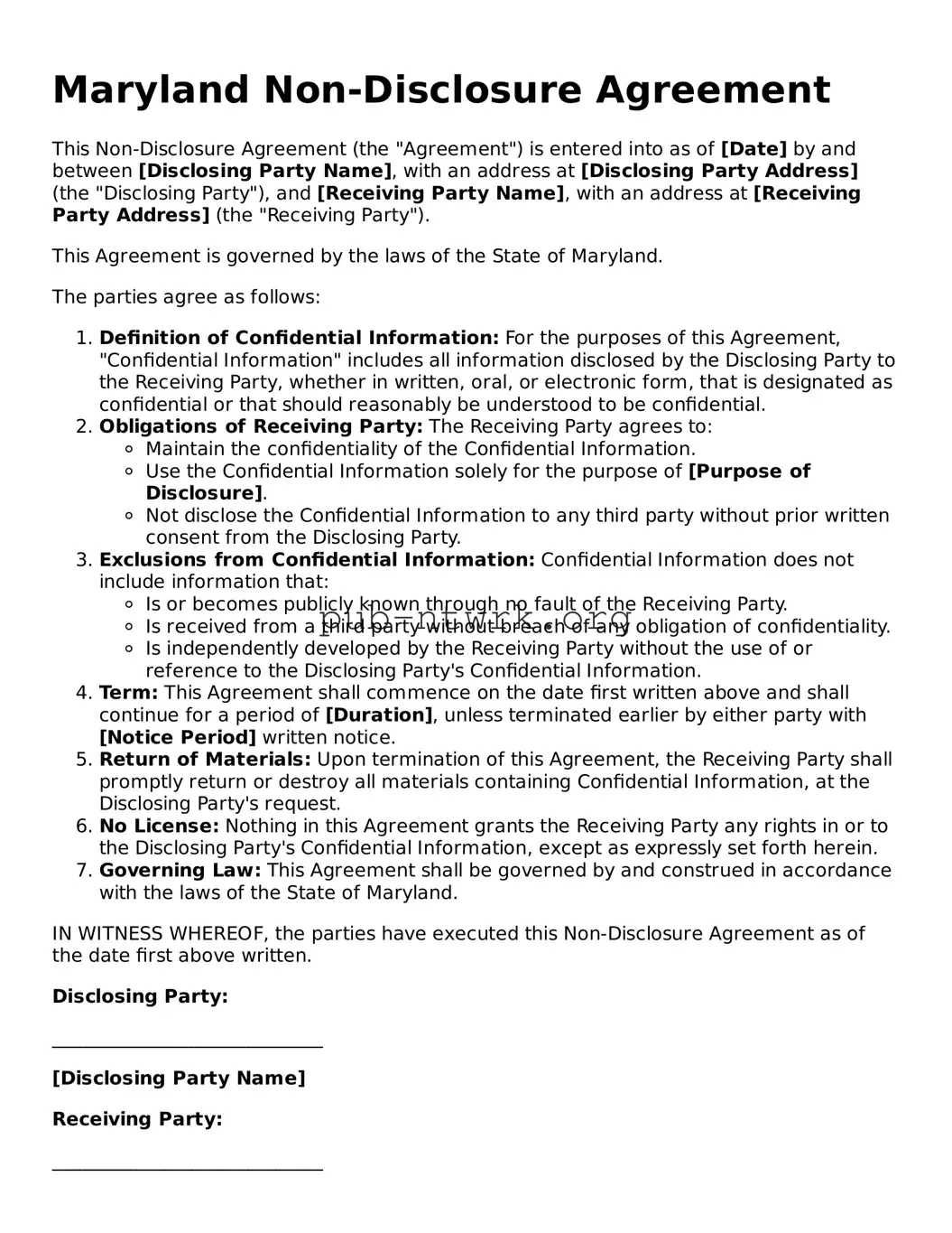 Free Maryland Non-disclosure Agreement Form