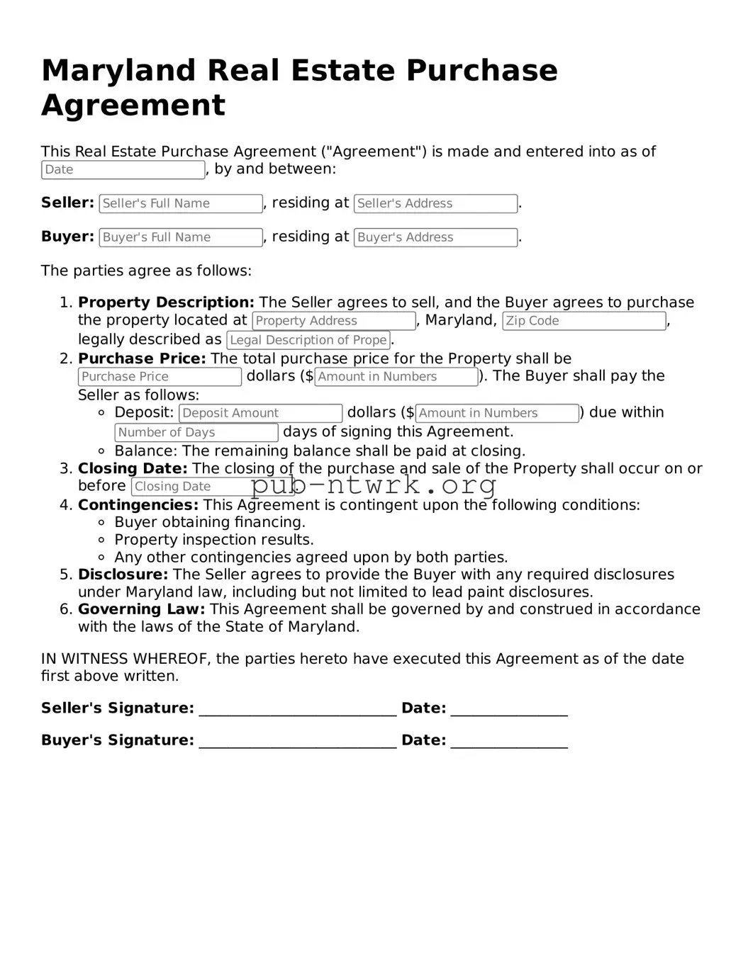 Free Maryland Real Estate Purchase Agreement Form