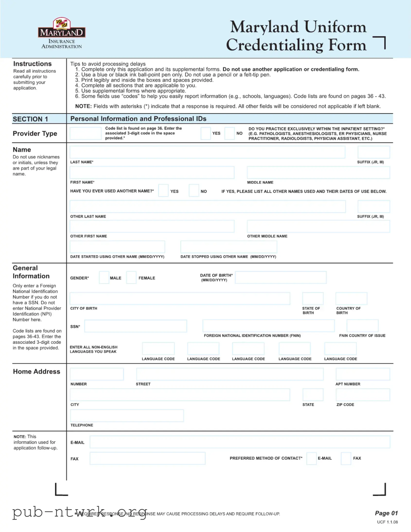 Blank Maryland Uniform Credentialing PDF Form